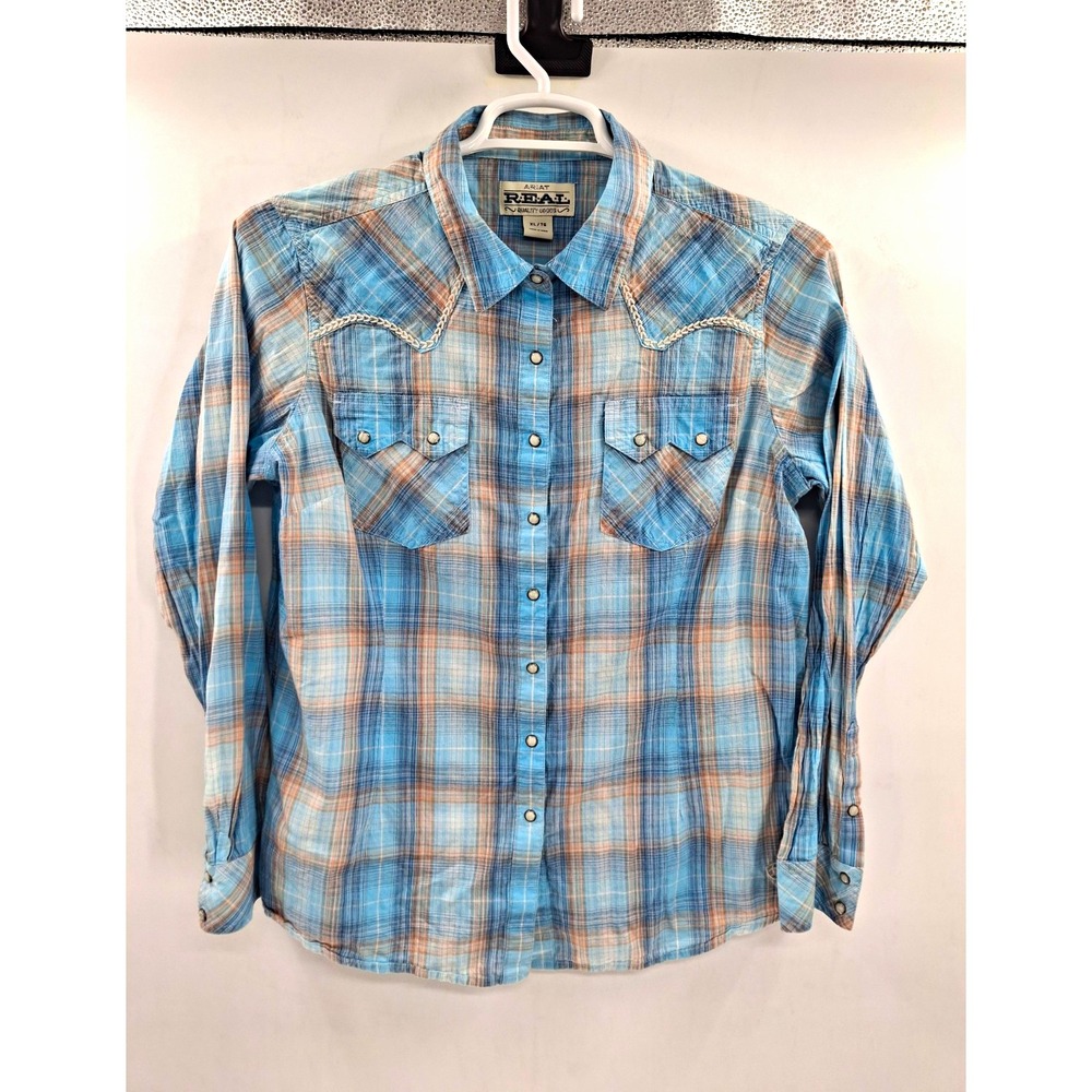 Ariat Plaid Pearl Snap Long Sleeve Western Shirt Women's XL Embroidered Pastel